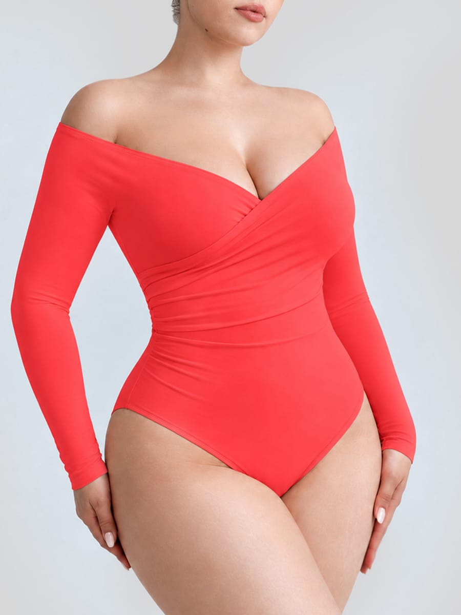 Wholesale Sexy V-neck Overlapping pleated Waist and Tummy Control Antibacterial Crotch Bodysuit SPU