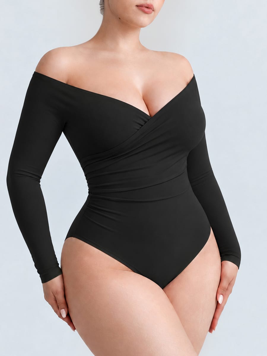 Wholesale Sexy V-neck Overlapping pleated Waist and Tummy Control Antibacterial Crotch Bodysuit SPU