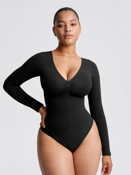 Wholesale Seamless Long Sleeve Zip-Up Shaping Bodysuit SPU