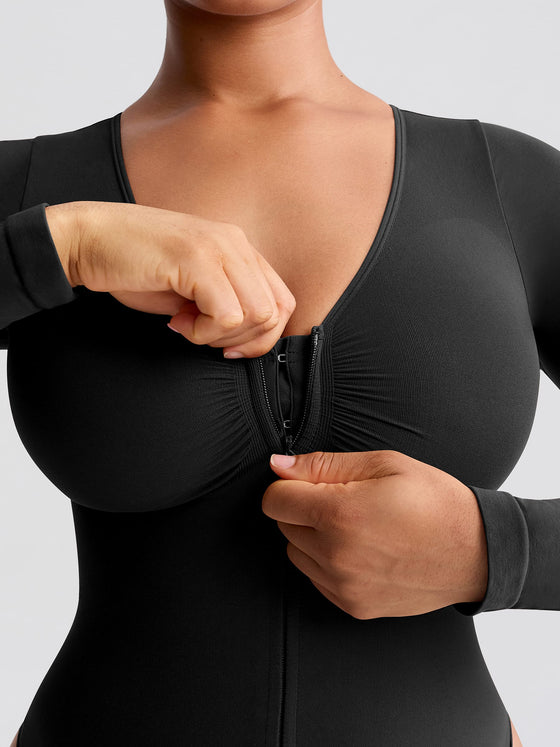 Wholesale Seamless Long Sleeve Zip-Up Shaping Bodysuit SPU