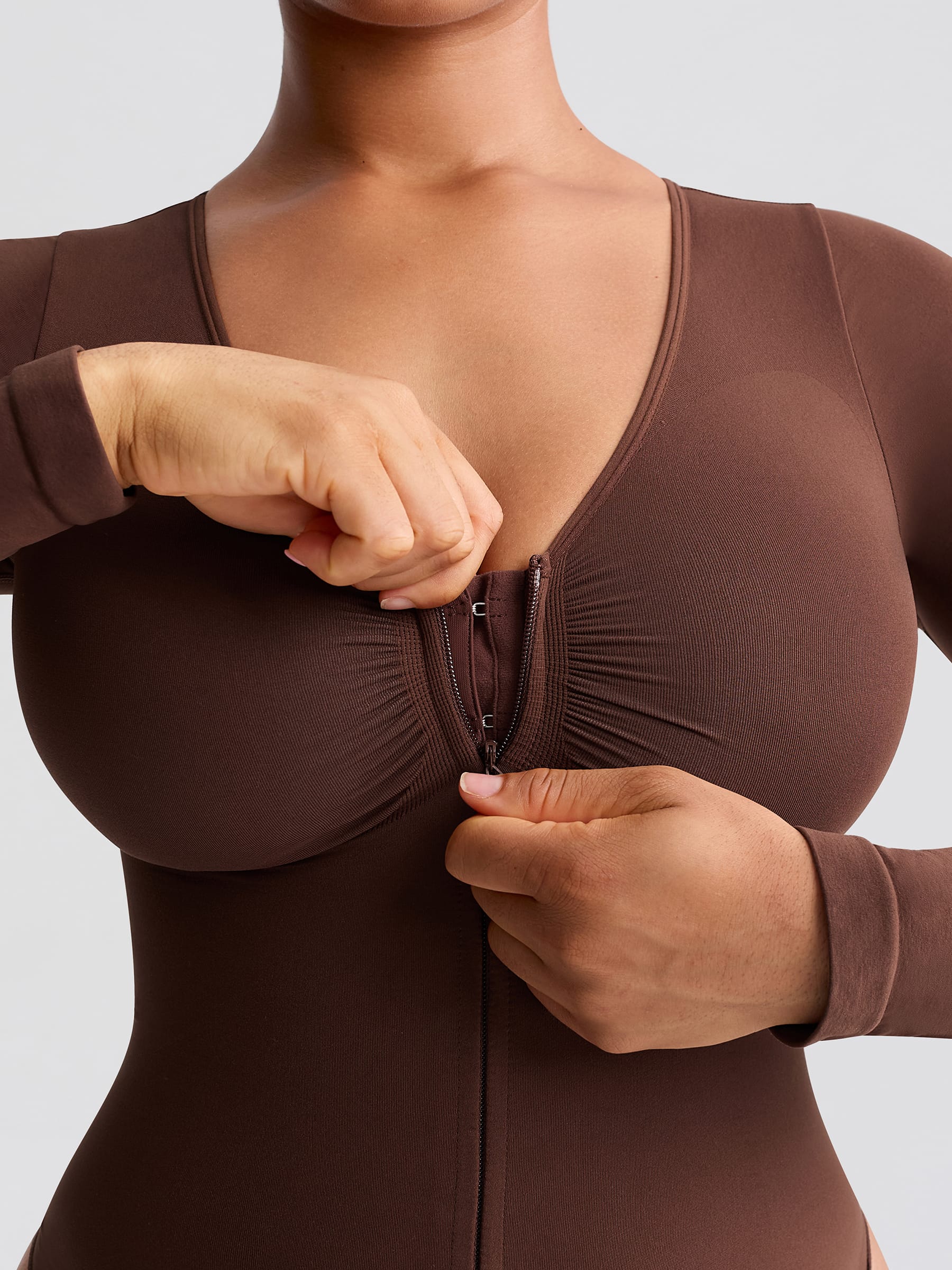 Wholesale Seamless Long Sleeve Zip-Up Shaping Bodysuit SPU
