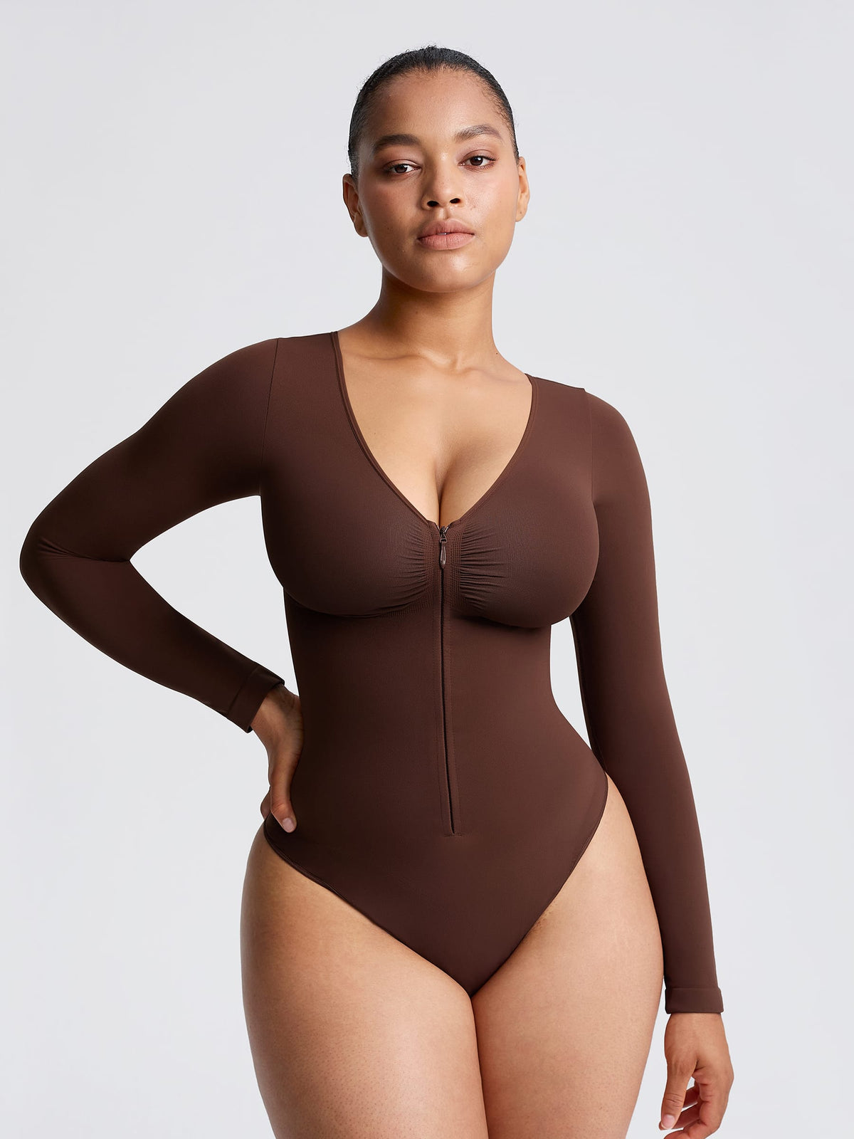 Wholesale Seamless Long Sleeve Zip-Up Shaping Bodysuit SPU