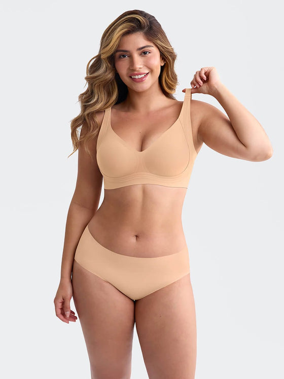 Wholesale Wireless Seamless Plunge Bra W Jelly Strip Support Wide Side Panel Half Fixed Cups