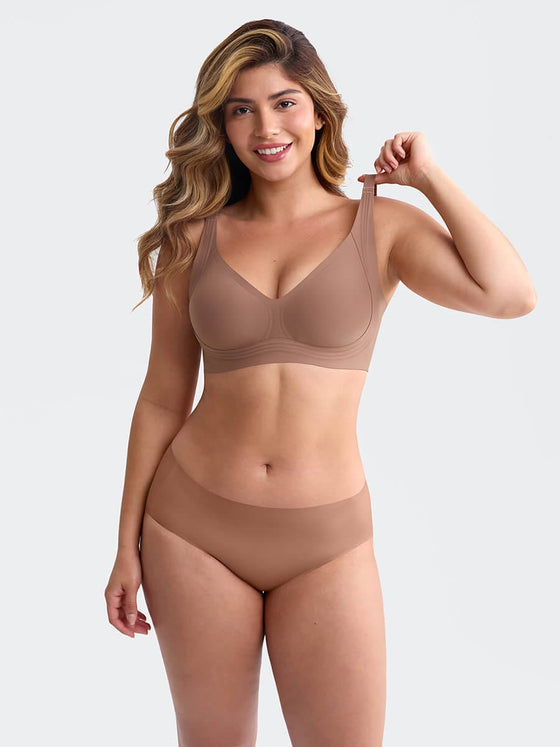 Wholesale Wireless Seamless Plunge Bra W Jelly Strip Support Wide Side Panel Half Fixed Cups