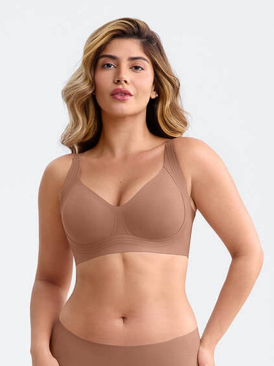 Wholesale Wireless Seamless Plunge Bra W Jelly Strip Support Wide Side Panel Half Fixed Cups