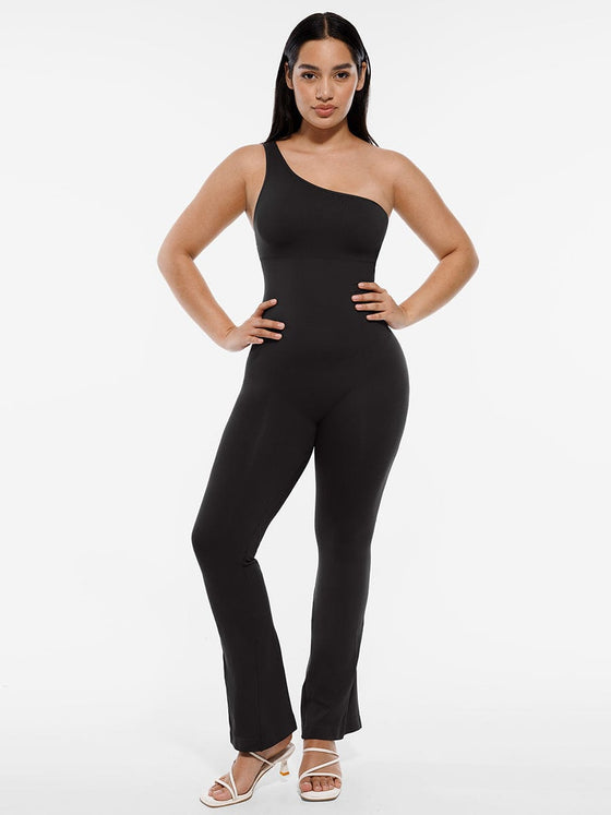 Wholesale Seamless Sloped Shoulders Shaping Jumpsuit with Flared Legs