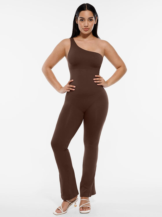 Wholesale Seamless Sloped Shoulders Shaping Jumpsuit with Flared Legs