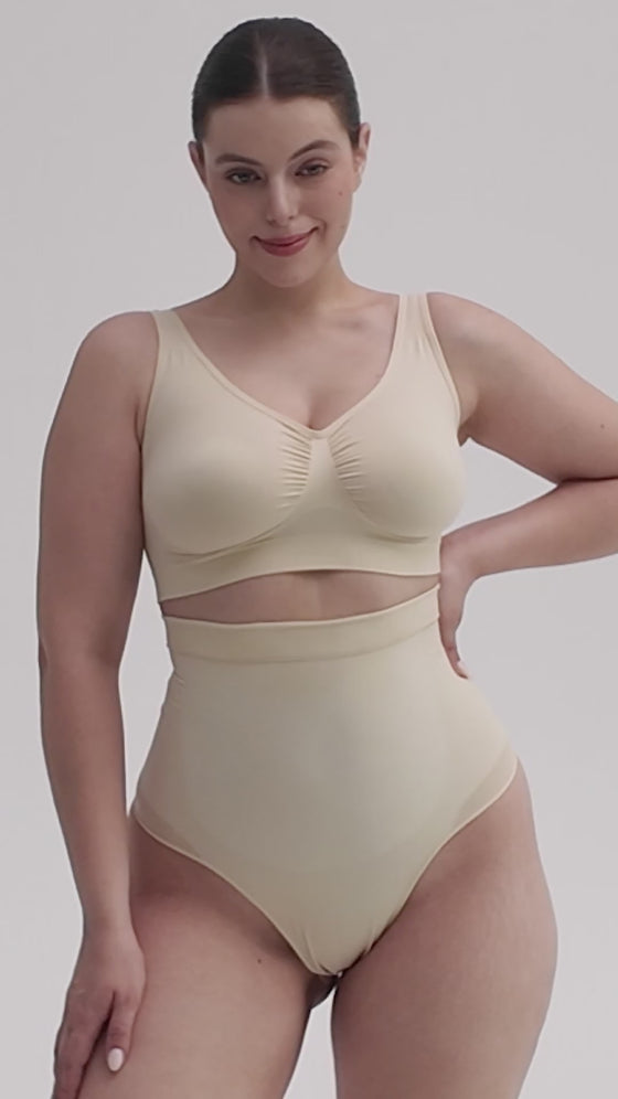 Wholesale High Waist Seamless Tummy Control Thong Shapewear with Anti-Roll Silicone