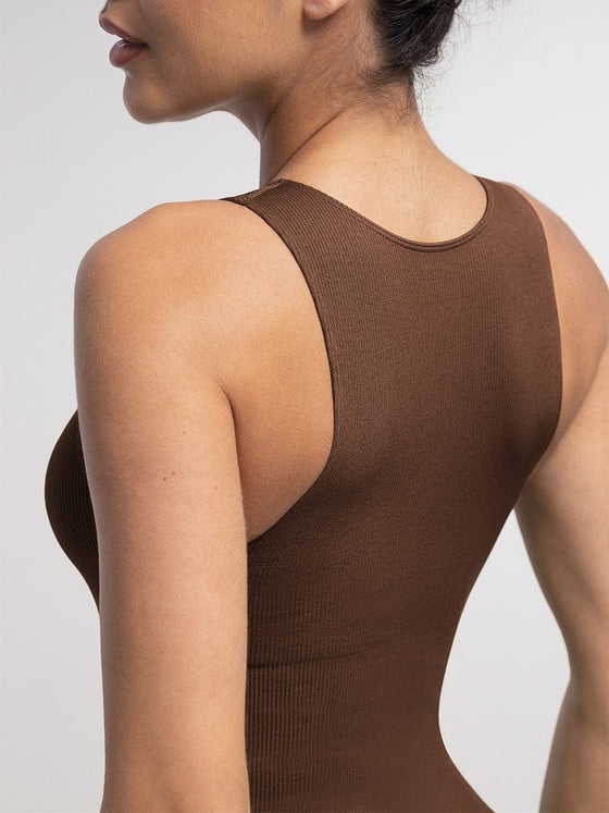 Wholesale Seamless Ribbed Zip Front Sleeveless Briefs Bodysuit