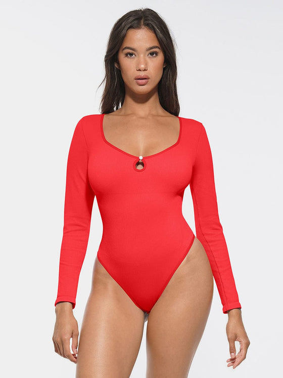 Wholesale Seamless Ribbed Sexy Hollow Scoop Neck Waist Tummy Control Thong Bodysuit