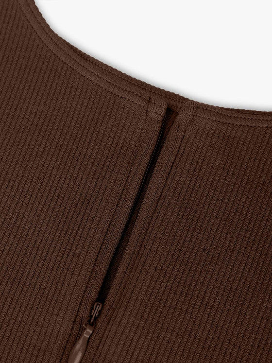 Wholesale Seamless Ribbed Zip Front Sleeveless Briefs Bodysuit