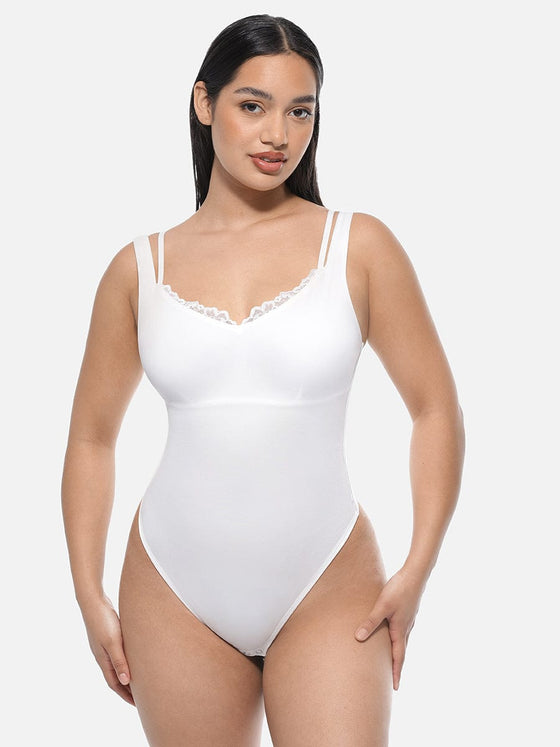 Wholesale Lace V-Neck T-Back Waist and Abdomen Shaping Thong Bodysuit