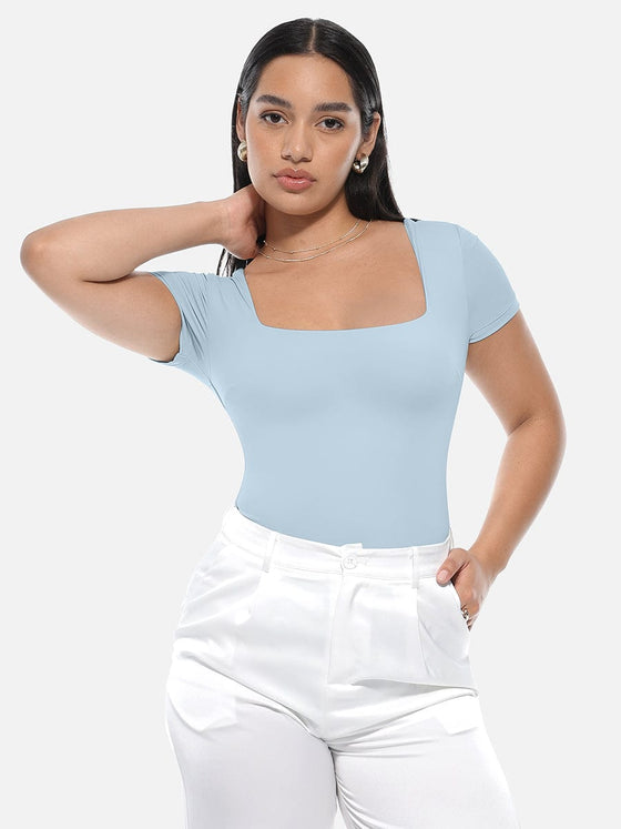 Wholesale Square-Neck Short-Sleeve Tummy Control Bodysuit