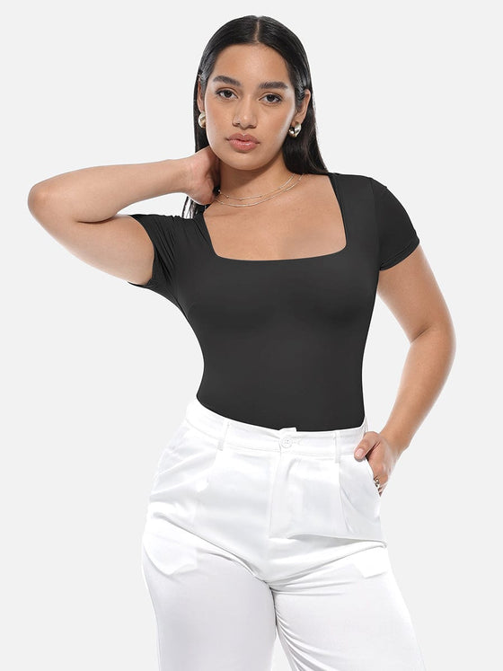 Wholesale Square-Neck Short-Sleeve Tummy Control Bodysuit