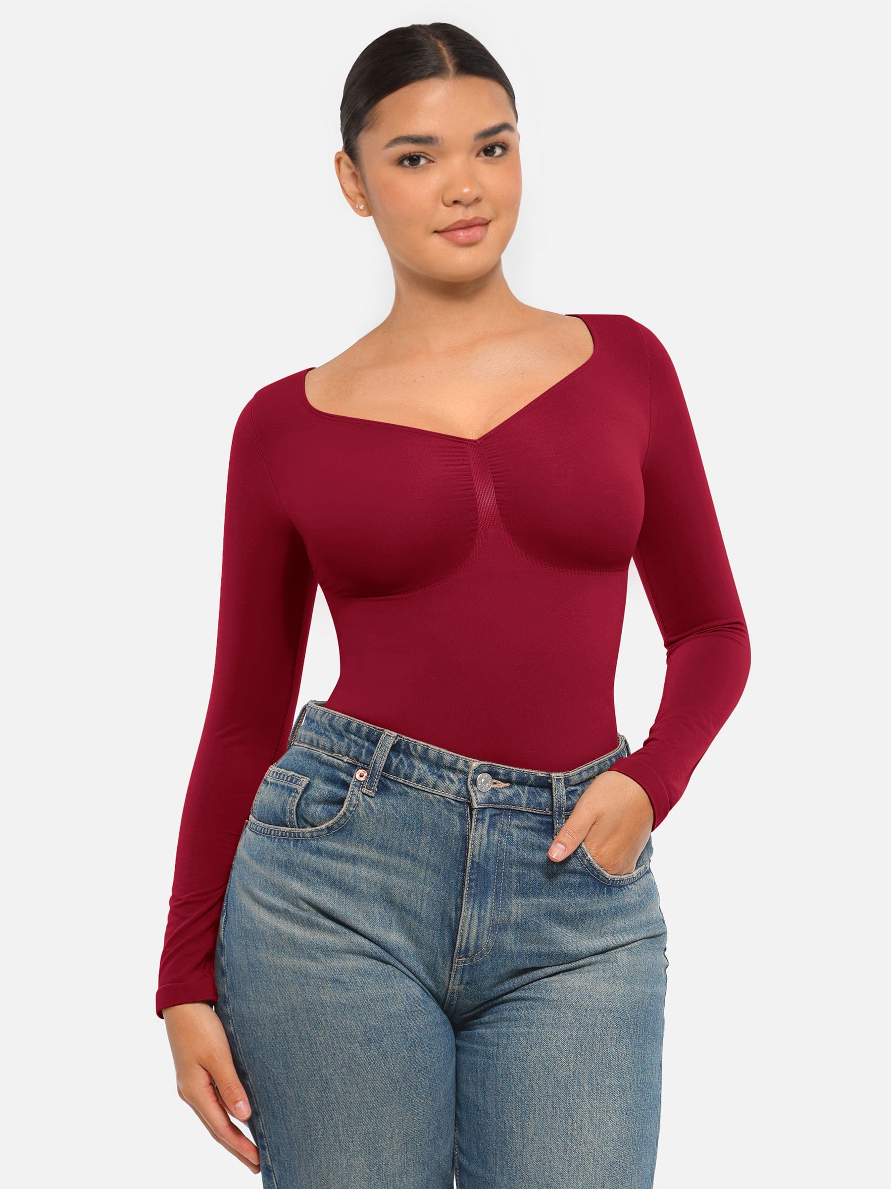 Wholesale Seamless Long Sleeve Chest Support Tummy Control Thong Bodysuit