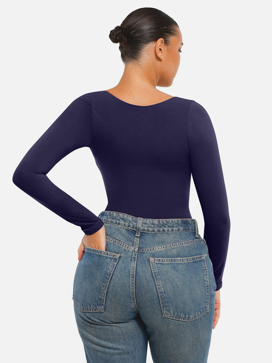 Wholesale Seamless Long Sleeve Chest Support Tummy Control Thong Bodysuit