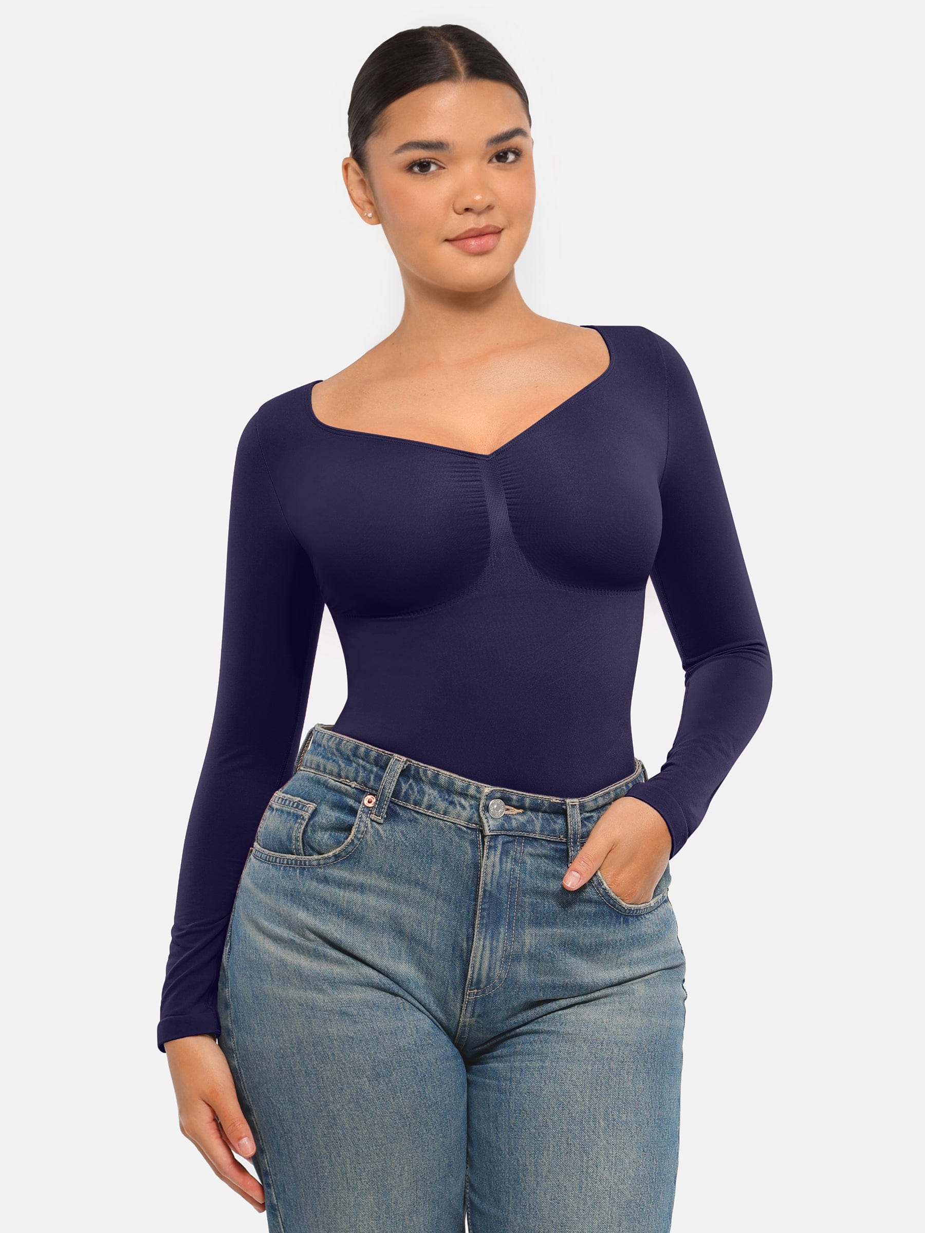 Wholesale Seamless Long Sleeve Chest Support Tummy Control Thong Bodysuit
