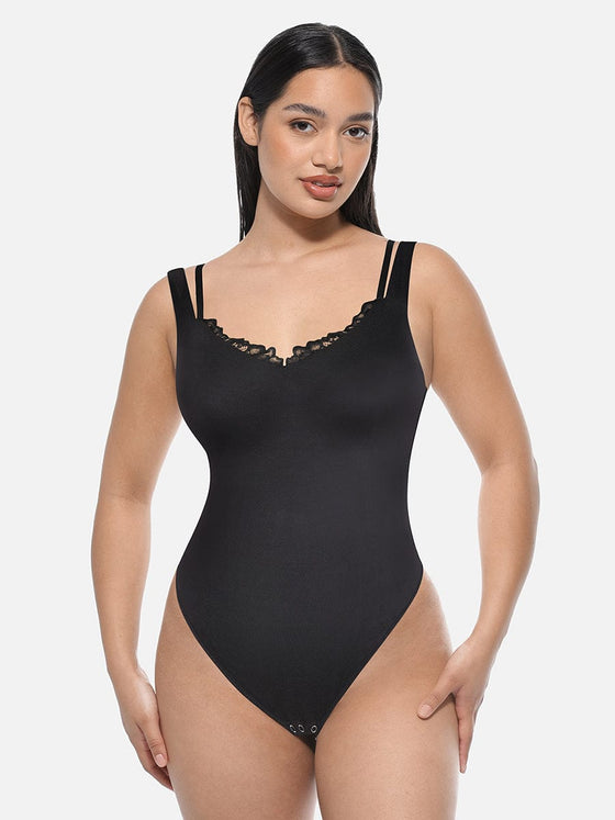Wholesale Lace V-Neck T-Back Waist and Abdomen Shaping Thong Bodysuit