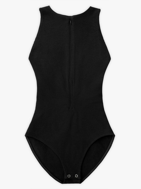 Wholesale Seamless Ribbed Zip Front Sleeveless Briefs Bodysuit