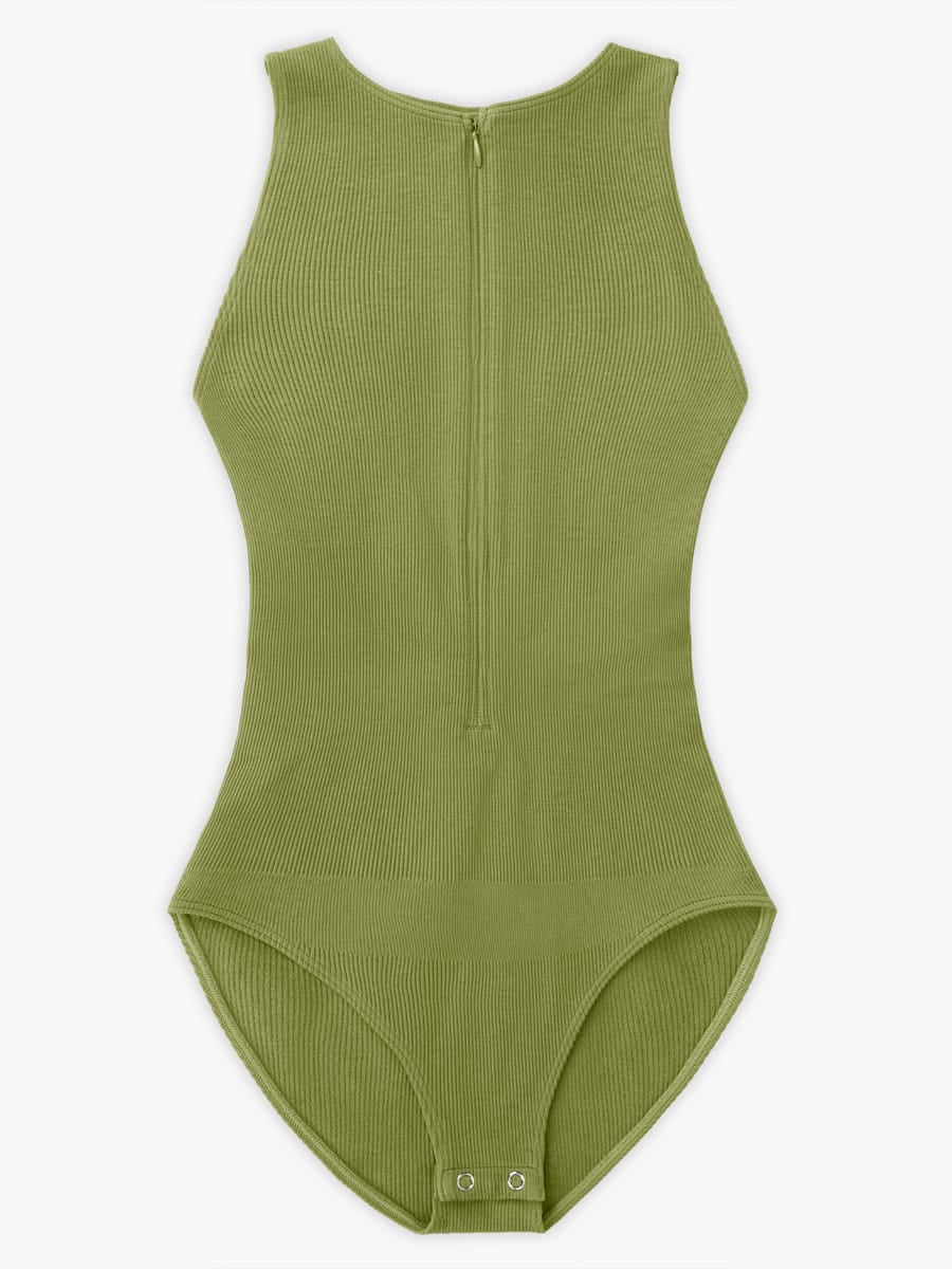 Wholesale Seamless Ribbed Zip Front Sleeveless Briefs Bodysuit