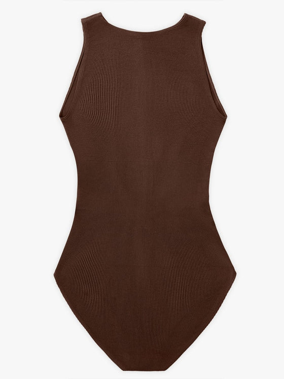 Wholesale Seamless Ribbed Zip Front Sleeveless Briefs Bodysuit