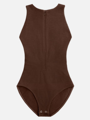 Wholesale Seamless Ribbed Zip Front Sleeveless Briefs Bodysuit