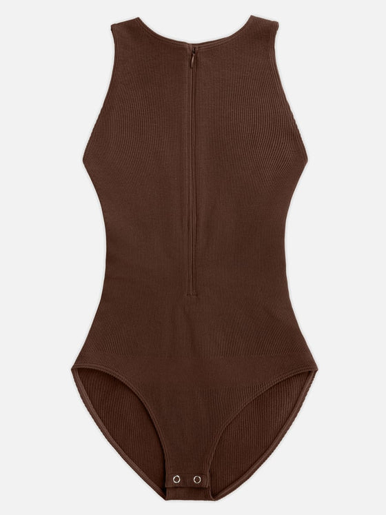 Wholesale Seamless Ribbed Zip Front Sleeveless Briefs Bodysuit