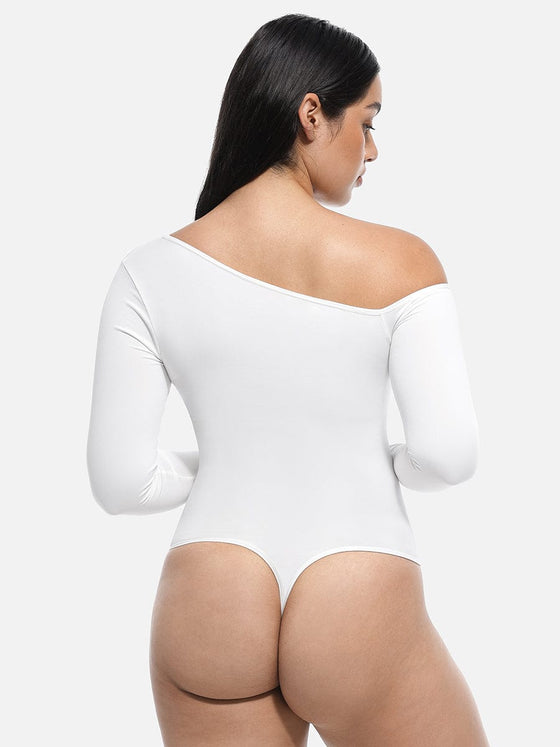 Wholesale Seamless Diagonal Neck Long Sleeve Waist Trimming Thong Bodysuit