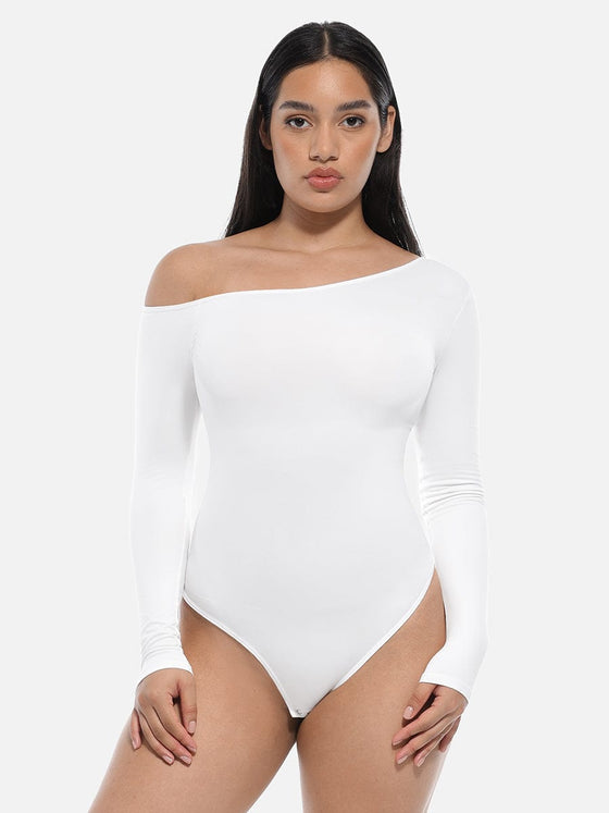 Wholesale Seamless Diagonal Neck Long Sleeve Waist Trimming Thong Bodysuit