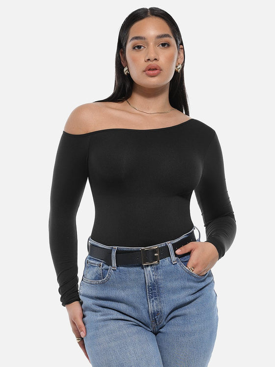 Wholesale Seamless Diagonal Neck Long Sleeve Waist Trimming Thong Bodysuit