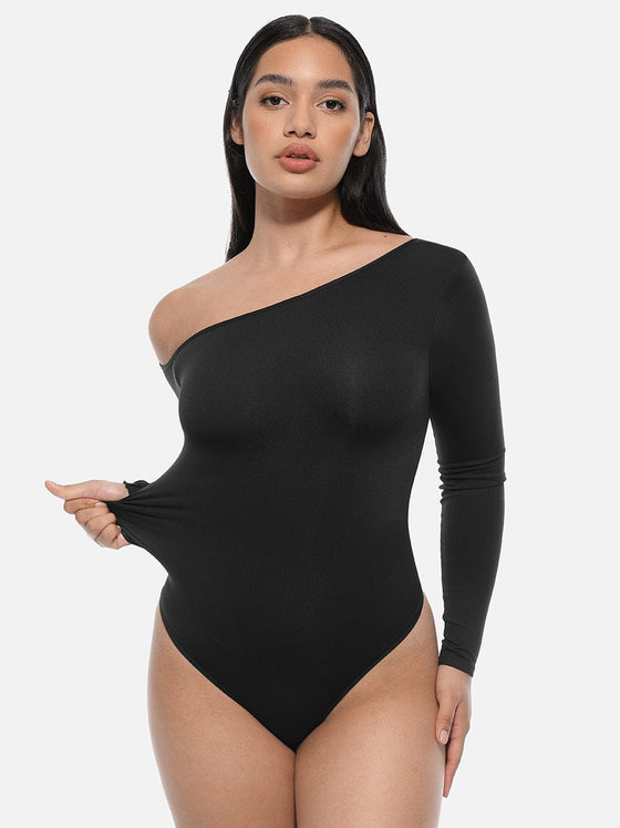 Wholesale Seamless Diagonal Neck Long Sleeve Waist Trimming Thong Bodysuit