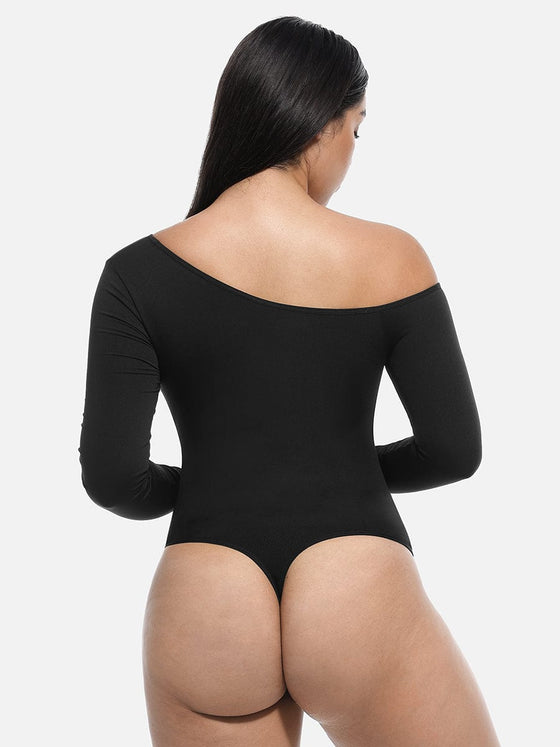 Wholesale Seamless Diagonal Neck Long Sleeve Waist Trimming Thong Bodysuit