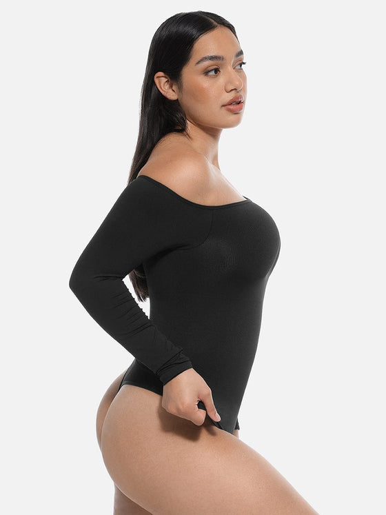 Wholesale Seamless Diagonal Neck Long Sleeve Waist Trimming Thong Bodysuit