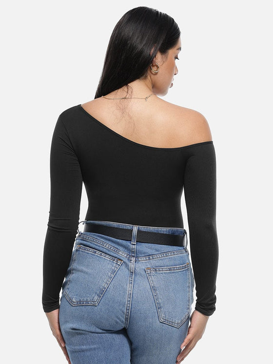 Wholesale Seamless Diagonal Neck Long Sleeve Waist Trimming Thong Bodysuit