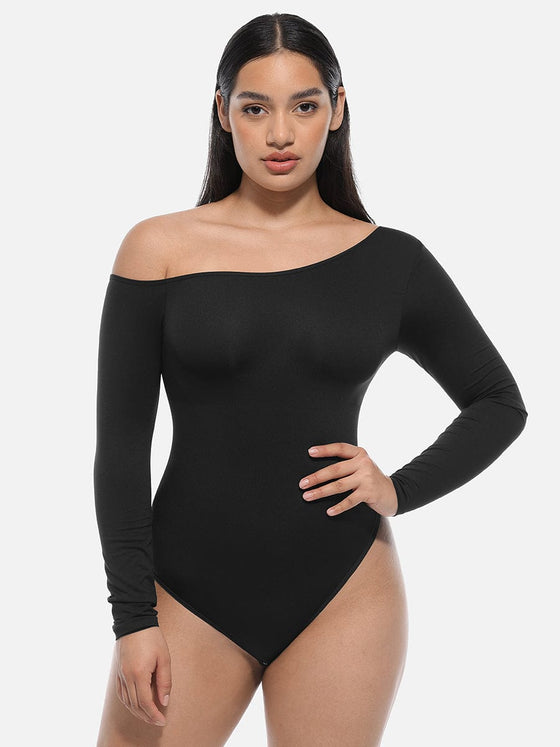 Wholesale Seamless Diagonal Neck Long Sleeve Waist Trimming Thong Bodysuit
