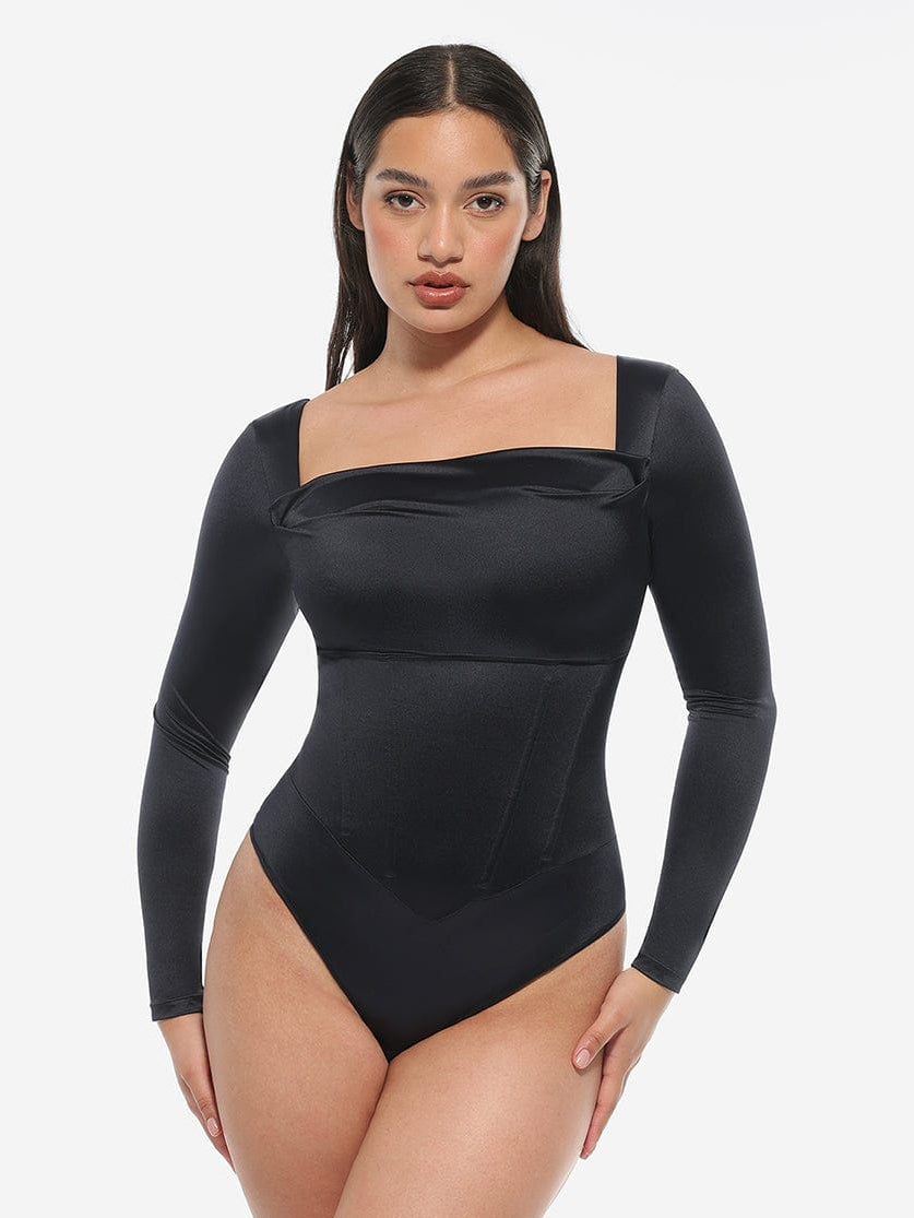 Wholesale Retro Square Neck Built in corset Tummy Control Bodysuit With removable coasters