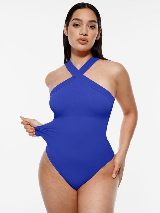 Wholesale Seamless Crossover Halter Thong Bodysuit