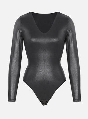 Wholesale High Elastic Faux Leather Deep V-neck Abdomen Tightening Bodysuit