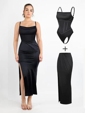 Wholesale Built-in Corset Bodysuit Pleated Skirt Two-Piece Set with Removable Coasters