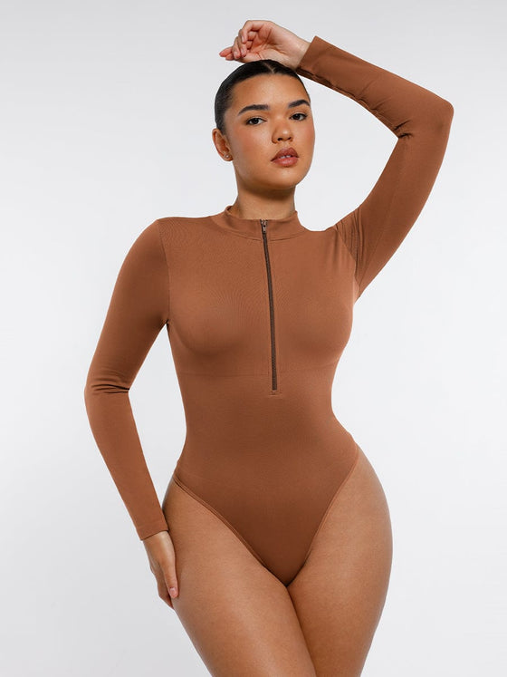 Wholesale Seamless Long Sleeve Zipper Thong Bodysuit