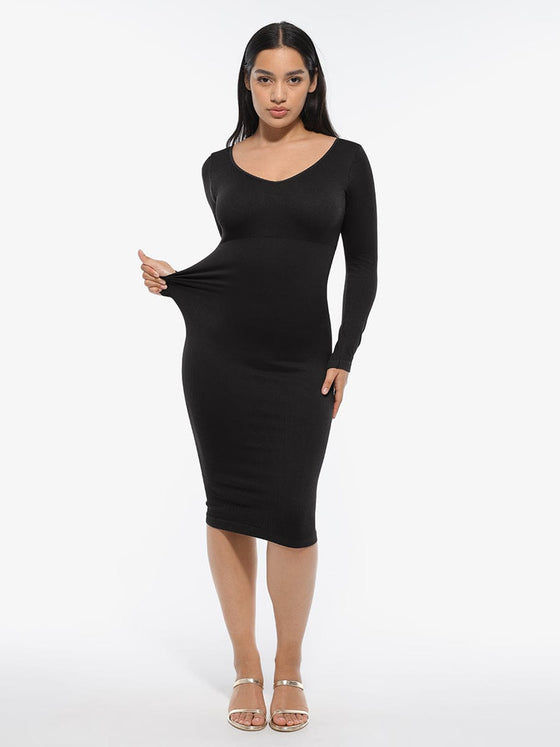 Wholesale 🌿 Eco-friendly Seamless V Neck Long Sleeve Waist Trimming Shaper Dress