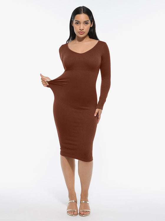 Wholesale 🌿 Eco-friendly Seamless V Neck Long Sleeve Waist Trimming Shaper Dress