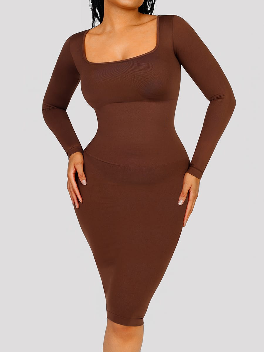 Wholesale 🌿 Eco-friendly Seamless Square Neck Long Sleeve Shaper Dress SPU