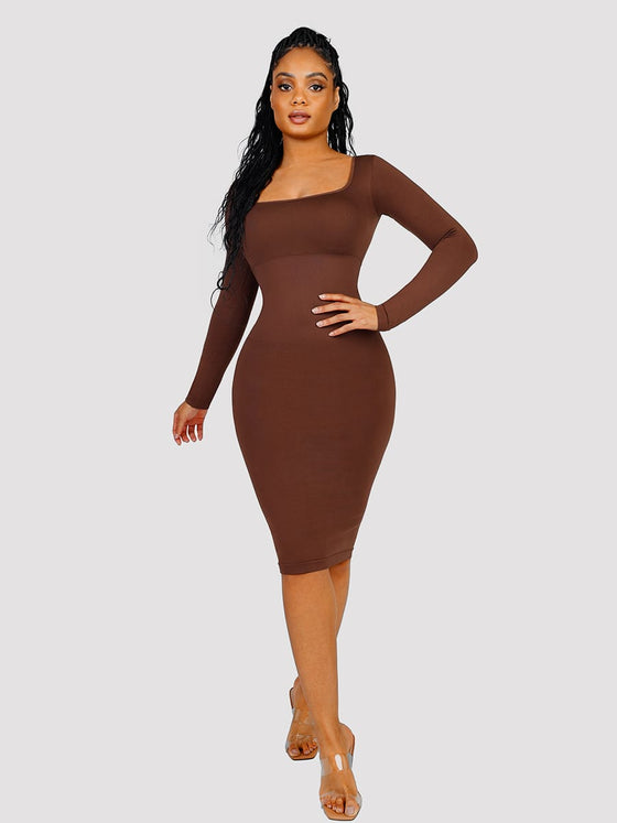 Wholesale 🌿 Eco-friendly Seamless Square Neck Long Sleeve Shaper Dress SPU