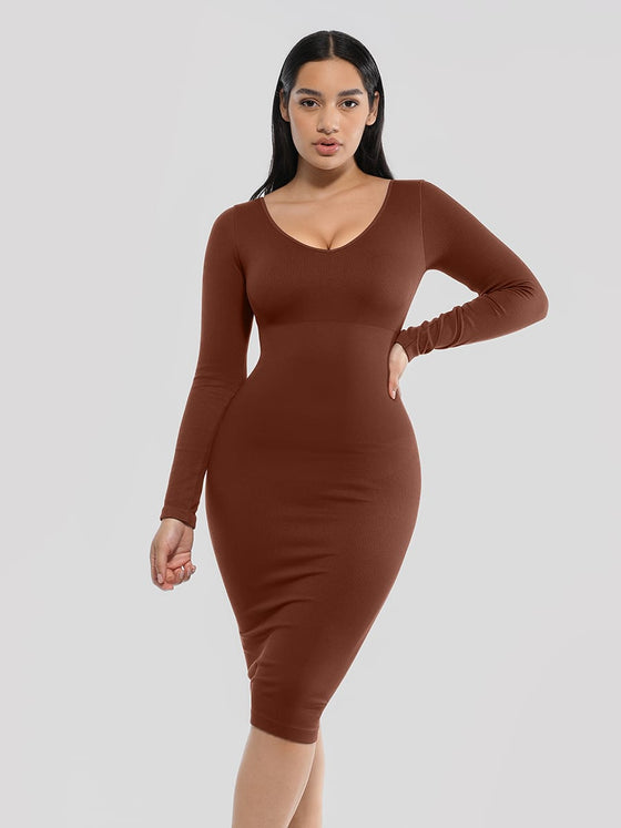 Wholesale 🌿 Eco-friendly Seamless V Neck Long Sleeve Waist Trimming Shaper Dress SPU