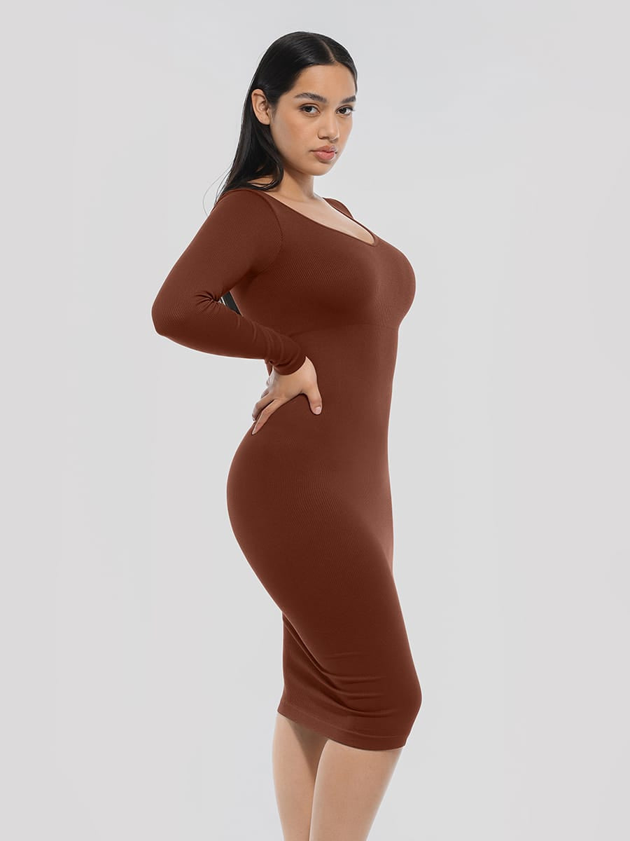 Wholesale 🌿 Eco-friendly Seamless V Neck Long Sleeve Waist Trimming Shaper Dress SPU