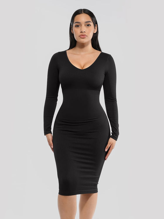 Wholesale 🌿 Eco-friendly Seamless V Neck Long Sleeve Waist Trimming Shaper Dress SPU