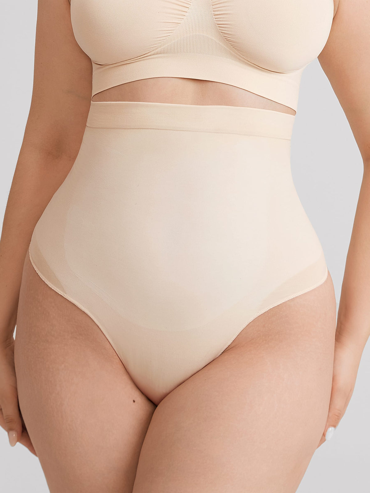 Wholesale High Waist Seamless Tummy Control Thong Shapewear with Anti-Roll Silicone SPU