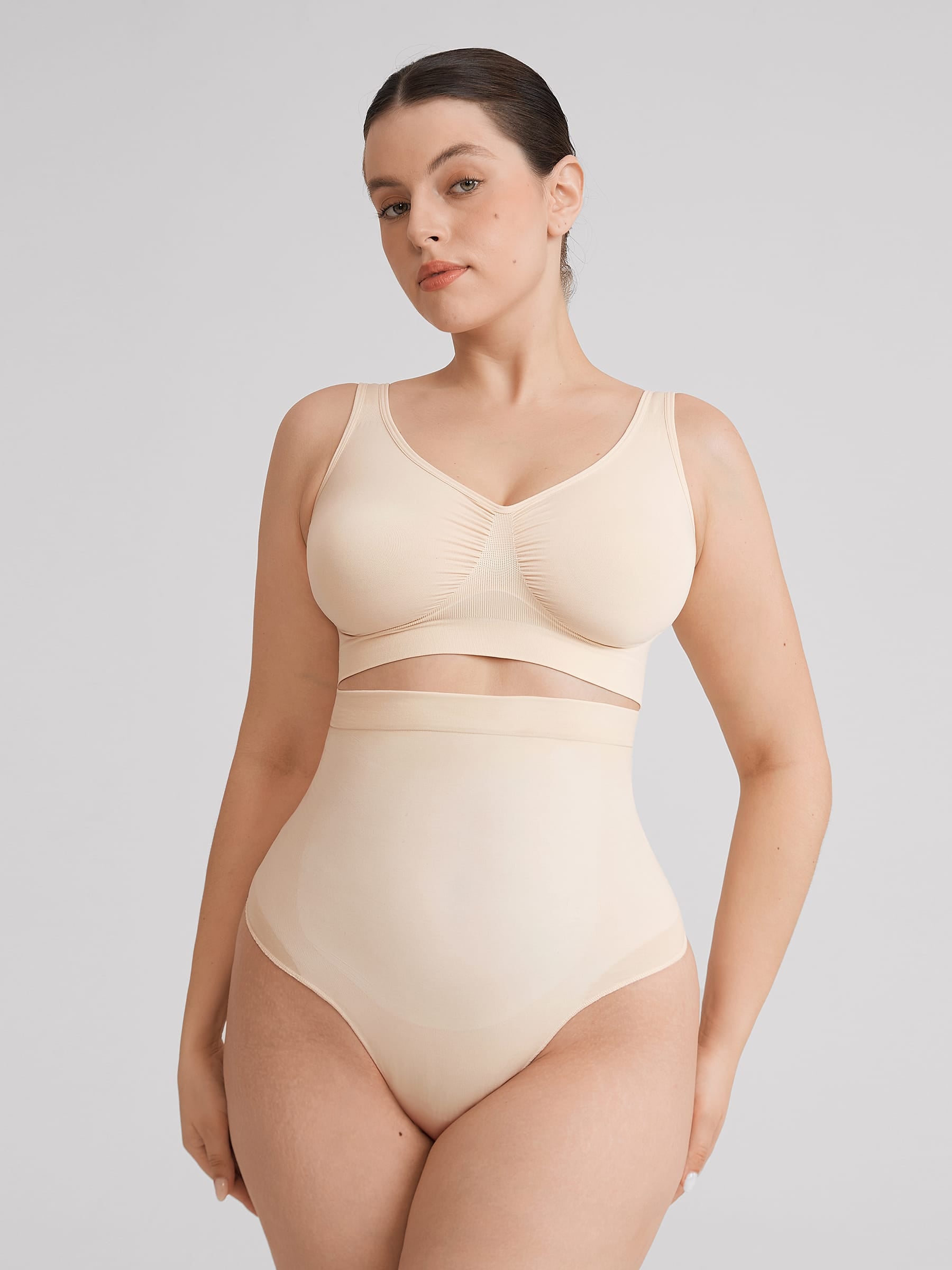 Wholesale High Waist Seamless Tummy Control Thong Shapewear with Anti-Roll Silicone SPU