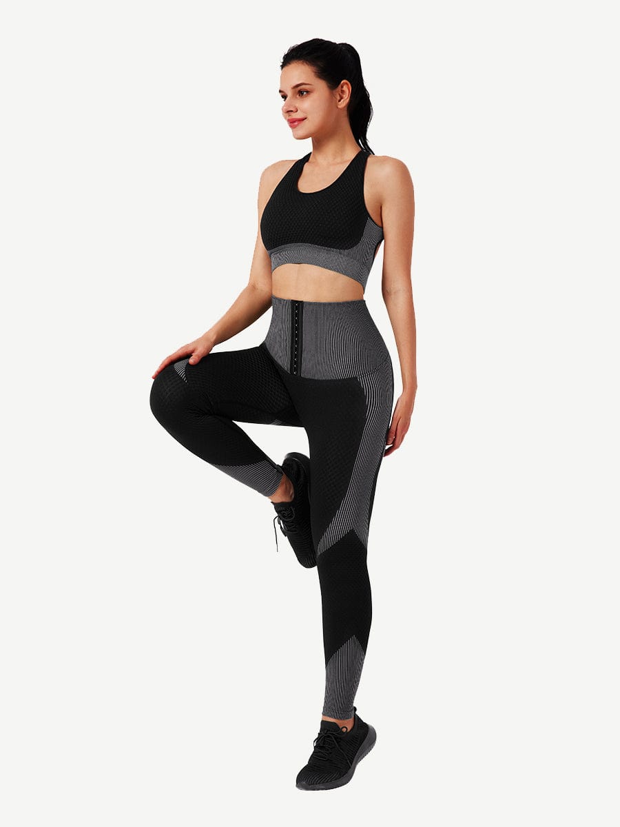 Wholesale Seamless High-waisted Tummy Yoga Pants With Three-row Eye And Hook Closure